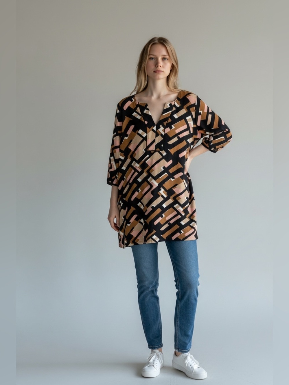 Le Chateau Graphic Tunic Popover Dress in Brown and Pink Size XL Sheath FLAW